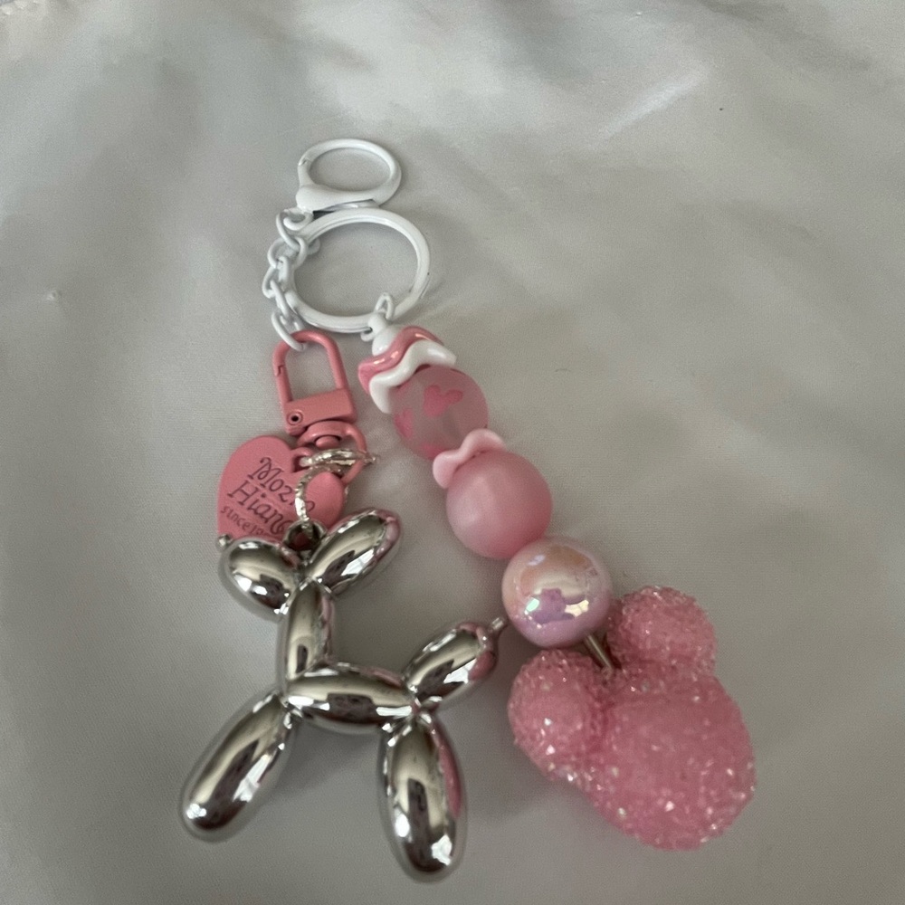 Pink and Silver Balloon Dog Keychain